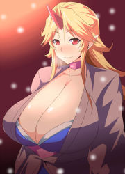 Rule 34 | 1girl, bad id, bad pixiv id, blonde hair, blush, breasts, choker, cleavage, demon girl, female focus, gigantic breasts, horns, hoshiguma yuugi, huge breasts, jacket, japanese clothes, kimono, ky., long hair, looking at viewer, oni, pointy ears, red eyes, single horn, smile, snow, snowing, solo, touhou, upper body
