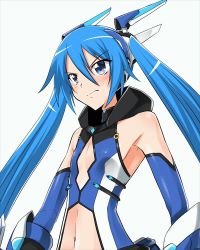 Rule 34 | 1girl, blue eyes, blue hair, blush, closed mouth, female focus, flat chest, long hair, lowres, matching hair/eyes, midriff, navel, ore twintail ni narimasu, solo, straight hair, tailblue, tsube aika, twintails, white background, yuto (dialique)