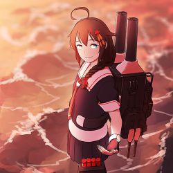 Rule 34 | 10s, 1girl, ahoge, bad id, bad pixiv id, blue eyes, braid, brown hair, cannon, commentary request, fingerless gloves, gloves, hair ornament, hair over shoulder, hair ribbon, kantai collection, looking at viewer, necktie, ocean, offering hand, outstretched hand, pleated skirt, ribbon, rigging, school uniform, serafuku, shigure (kancolle), shigure kai ni (kancolle), skirt, smile, solo, sunset, waves, yue (tada no saboten)