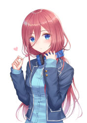 Rule 34 | 1girl, bad id, bad pixiv id, blazer, blue cardigan, blue eyes, blue jacket, blush, brown hair, candy, cardigan, closed mouth, commentary request, dress shirt, food, go-toubun no hanayome, hair between eyes, hands up, headphones, headphones around neck, heart, highres, holding, holding candy, holding food, holding lollipop, jacket, lollipop, long hair, long sleeves, nakano miku, open clothes, open jacket, seungju lee, shirt, simple background, sleeves past wrists, solo, upper body, very long hair, white background, white shirt