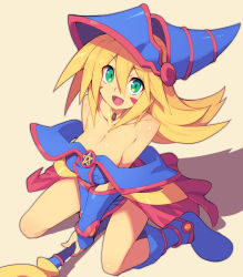 Rule 34 | 1girl, :d, bare shoulders, beige background, blonde hair, blue footwear, blue hat, boots, breasts, cleavage, collarbone, commentary request, dark magician girl, duel monster, full body, green eyes, hair between eyes, hat, holding, holding staff, long hair, looking at viewer, medium breasts, metata, open mouth, pentagram, shadow, simple background, sitting, smile, solo, staff, wariza, wizard hat, yellow background, yu-gi-oh!, yu-gi-oh! duel monsters