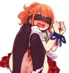 Rule 34 | 10s, 1girl, bdsm, blindfold, blue ribbon, blush, bondage, bound, bound wrists, cleft of venus, eromanga sensei, female pubic hair, frilled skirt, frills, green shirt, jinno megumi, looking at viewer, open mouth, orange hair, ponytail, pubic hair, pussy, red skirt, restrained, ribbon, scrunchie, shirt, short sleeves, sitting, skirt, solo, striped, sweatdrop, thighhighs, third-party edit, ukokkei, uncensored