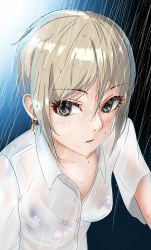 Rule 34 | 1girl, absurdres, blue eyes, bra visible through clothes, breasts, collarbone, collared shirt, dress shirt, earrings, hair between eyes, highres, idolmaster, idolmaster cinderella girls, jewelry, open mouth, rain, see-through, shiomi syuko, shirt, short hair, short sleeves, silver hair, small breasts, solo, t.r, upper body, wet, wet clothes, wet shirt, white shirt, wing collar