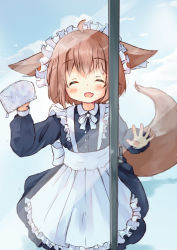 Rule 34 | 1girl, :d, ^ ^, absurdres, against window, animal ears, apron, black dress, blue sky, blush, bow, brown hair, closed eyes, cloud, cloudy sky, collared dress, day, dress, facing viewer, fang, frilled apron, frills, from outside, hair between eyes, highres, long sleeves, maid, maid headdress, manabe mana, open mouth, original, outdoors, puffy long sleeves, puffy sleeves, rag, sky, smile, solo, tail, white apron, white bow