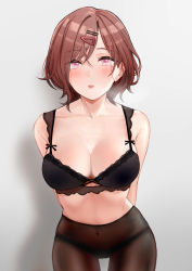 Rule 34 | 1girl, :o, absurdres, arms behind back, bare shoulders, black bra, black panties, blush, bra, breasts, brown hair, brown pantyhose, cl (summer sama), cleavage, collarbone, commentary request, covered navel, cowboy shot, hair ornament, hairclip, heavy breathing, highres, higuchi madoka, idolmaster, idolmaster shiny colors, large breasts, looking at viewer, mole, mole under eye, open mouth, panties, panties under pantyhose, pantyhose, pink eyes, short hair, simple background, solo, swept bangs, underwear, white background
