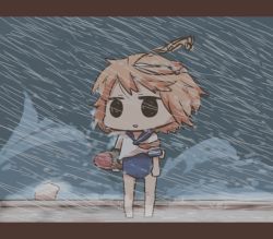 Rule 34 | 10s, 1girl, ahoge, barefoot, commentary request, hair ornament, i-58 (kancolle), inishie, kantai collection, neckerchief, open mouth, pink hair, rain, sailor collar, school swimsuit, school uniform, serafuku, short hair, short sleeves, solo, standing, swimsuit, swimsuit under clothes, torpedo, type 95 torpedo, water, wind