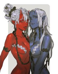 Rule 34 | 2girls, blue eyes, blue oni, blue skin, breasts, colored skin, fangs, horns, looking at viewer, multiple girls, muni (fdrk), oni, oni horns, original, parted lips, pointy ears, red eyes, red oni, red skin, small breasts, tongue, tongue out, two-tone background, white hair, white theme