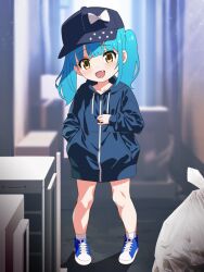 Rule 34 | 1girl, alley, baseball cap, blue footwear, blue hair, blue hat, blue jacket, brown eyes, fang, full body, hand in pocket, hat, hemonemo, jacket, long hair, looking at viewer, no pants, open mouth, original, outdoors, shoes, smile, solo, standing, twintails