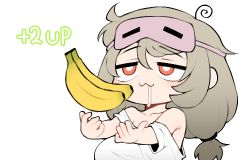 Rule 34 | 1girl, 1up, :3, ahoge, bad id, bad twitter id, banana, bare shoulders, breasts, bright pupils, commentary request, drooling, eye mask, food, fruit, grey hair, indie virtual youtuber, korean commentary, large breasts, long hair, low-tied long hair, lowres, mask, mask on head, off shoulder, original, red eyes, saru (monkey magic3), saruko (vtuber), shirt, simple background, solo, swirl, t-shirt, twintails, upper body, virtual youtuber, white background, white pupils, white shirt