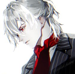 Rule 34 | 1boy, antonio salieri (fate), antonio salieri (second ascension) (fate), black jacket, black suit, closed mouth, commentary, expressionless, fate/grand order, fate (series), formal, from side, grey hair, hair between eyes, half-closed eyes, half updo, jacket, koshika rina, lips, male focus, nose, pale skin, pinstripe pattern, pinstripe suit, portrait, red eyes, red neckwear, shirt, short ponytail, simple background, solo, striped, striped suit, suit, twitter username, watermark, white background, white hair, white shirt