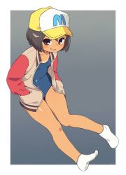 Rule 34 | 1girl, baseball cap, breasts, brown eyes, brown hair, child, full body, grey background, grin, hands in pockets, hat, jacket, om (nk2007), one-piece swimsuit, school swimsuit, short hair, simple background, sitting, small breasts, smile, socks, solo, swimsuit, tan, tanline, white footwear, white jacket, yamaguchi mika, youkai watch