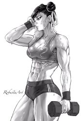 Rule 34 | 1girl, abs, black hair, breasts, capcom, chun-li, cleavage, drying, dumbbell, greyscale, highres, medium breasts, monochrome, muscular, muscular female, robusta mania, short shorts, shorts, signature, solo, street fighter, sweat, sweatband, tank top, towel, veins, veiny arms, wiping face