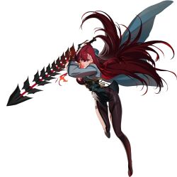 Rule 34 | 1girl, absurdres, breasts, character request, cleavage, coat, counter:side, full body, highres, holding, holding sword, holding weapon, large breasts, long hair, looking at viewer, official art, red eyes, red hair, smile, solo, sword, tachi-e, transparent background, weapon, whip sword