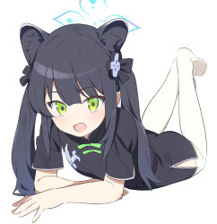 Rule 34 | 1girl, :d, animal ears, black dress, black hair, black ribbon, black thighhighs, blue archive, china dress, chinese clothes, dress, feet up, full body, green eyes, green ribbon, hair ribbon, halo, light blush, long hair, looking at viewer, lying, on stomach, open mouth, ribbon, shun (blue archive), shun (small) (blue archive), simple background, smile, solo, supershiruco, thighhighs, two side up, white background