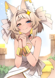 Rule 34 | 1girl, absurdres, ahoge, animal ear fluff, bare shoulders, blonde hair, blue eyes, blurry, blurry background, brown hairband, character request, cleavage cutout, clothing cutout, collarbone, colored inner hair, commission, copyright request, dress, fang, gold bracelet, hair ribbon, hairband, halterneck, heterochromia, highres, medium hair, multicolored hair, own hands clasped, own hands together, ribbon, skin fang, tail, two-tone hair, valefal coneri, vgen commission, white dress, yellow eyes, yellow ribbon