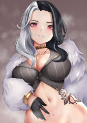 Rule 34 | 1girl, absurdres, black gloves, black hair, black shirt, bottomless, breasts, brown background, cleavage, coat, collarbone, commentary, cowboy shot, crop top, fur coat, gloves, goddess of victory: nikke, gold choker, grin, half gloves, hand on own stomach, highres, jewelry, large breasts, looking at viewer, multicolored hair, navel, parted hair, pussy juice, red eyes, rosanna (nikke), ryuvie, shirt, simple background, smile, split-color hair, standing, steaming body, stomach, stomach tattoo, striped clothes, striped shirt, tattoo, teeth, vertical-striped clothes, vertical-striped shirt, white hair