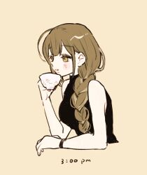 Rule 34 | 1girl, ahoge, bare arms, black shirt, blush, breasts, brown hair, cropped torso, cup, gohanysu, hair over shoulder, highres, holding, holding cup, idolmaster, idolmaster shiny colors, kuwayama chiyuki, large breasts, long braid, looking ahead, shirt, simple background, sleeveless, sleeveless shirt, solo, teacup, upper body, yellow background