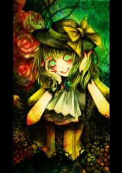 Rule 34 | 1girl, adapted costume, alternate costume, brooch, ascot, crazy eyes, female focus, flower, green eyes, green flower, green hair, green rose, grin, hands on own face, hat, highres, jewelry, kido (choushouya), komeiji koishi, lips, matching hair/eyes, red flower, red rose, rose, smile, solo, touhou, upper body