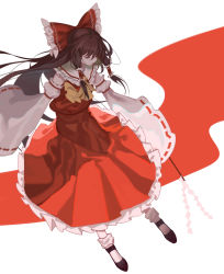 Rule 34 | 1girl, absurdres, ascot, brown hair, detached sleeves, closed eyes, from above, gohei, hair tubes, hakurei reimu, highres, iron (2486886134), japanese clothes, long hair, miko, touhou, very long hair, white background