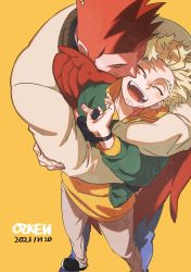 Rule 34 | 2boys, bad perspective, blonde hair, blush, boku no hero academia, brown jacket, casual, dated, denim, endeavor (boku no hero academia), feathered wings, foreshortening, from above, hawks (boku no hero academia), highres, hug, hug from behind, jacket, jeans, kiss, kissing cheek, male focus, multiple boys, ozke, pants, perspective, red hair, red wings, short hair, spiked hair, wings