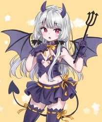 Rule 34 | 1girl, ama-tou, black gloves, black horns, black skirt, black thighhighs, black wings, blush, breasts, demon horns, demon tail, demon wings, gloves, grey hair, highres, holding, holding polearm, holding weapon, horns, long hair, navel, open mouth, pleated skirt, polearm, red eyes, skirt, small breasts, solo, sophie twilight, tail, thighhighs, tonari no kyuuketsuki-san, trident, weapon, wings