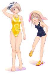 Rule 34 | 2girls, arena (company), bad id, bad pixiv id, blue eyes, brown hair, competition swimsuit, goggles, green eyes, long hair, multiple girls, no socks, one-piece swimsuit, original, school swimsuit, shoes, shoko (moccom), short hair, swim cap, swimsuit, thigh gap, thighs, towel, towel on head