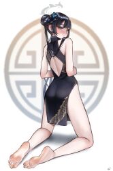 Rule 34 | 1girl, ass, bare shoulders, barefoot, black dress, black hair, blue archive, blush, butterfly hair ornament, china dress, chinese clothes, closed mouth, double bun, dress, feet, full body, hair bun, hair ornament, highres, kisaki (blue archive), kneeling, light blush, long hair, looking at viewer, looking back, nikishiko, pale skin, soles, steam, toes, twintails