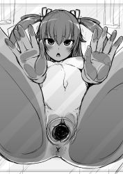 Rule 34 | 1girl, against glass, anus, arm support, ass, ass focus, breasts, completely nude, cowboy shot, embarrassed, glasses, greyscale, highres, huge ass, long hair, looking at viewer, lovelovemaid, mizuki yukikaze, monochrome, nude, pussy, see-through, small breasts, solo, spread legs, taimanin (series), taimanin suit, taimanin yukikaze, transparent, vaginal