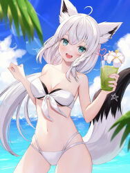Rule 34 | 1girl, :d, absurdres, ahoge, alternate costume, animal ears, aqua eyes, bikini, blue sky, braid, breasts, cleavage, cloud, commentary request, cup, day, drink, drinking straw, fox ears, fox girl, fox tail, gloves, highres, holding, holding cup, hololive, long hair, looking at viewer, medium breasts, medium hair, ocean, open mouth, pentagram, round teeth, runlan 0329, shirakami fubuki, single braid, sky, smile, solo, standing, swimsuit, tail, teeth, upper teeth only, virtual youtuber, white bikini, white gloves, white hair