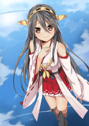 Rule 34 | 10s, 1girl, @ichigo, absurdres, bare shoulders, brown eyes, detached sleeves, frilled skirt, frills, grey hair, hair ornament, hairband, hairclip, hand on own chest, haruna (kancolle), headgear, highres, japanese clothes, kantai collection, lace, lace-trimmed legwear, lace trim, long hair, looking at viewer, nontraditional miko, pleated skirt, red skirt, ribbon-trimmed sleeves, ribbon trim, skirt, smile, solo, thighhighs, zettai ryouiki