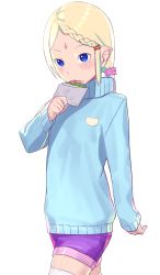 Rule 34 | 1girl, blonde hair, blue eyes, blue sweater, braid, casual, cop craft: dragnet mirage reloaded, eating, facial mark, food, forehead mark, highres, long hair, long sleeves, pointy ears, ponytail, purple shorts, shorts, simple background, standing, sweater, thighhighs, tilarna exedilika, ts-ix, white background, white thighhighs