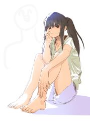 Rule 34 | 1girl, bare legs, barefoot, black hair, brown eyes, feet, full body, green shirt, highres, light frown, long hair, looking at viewer, nanbo ataru (attall), original, painttool sai (medium), ponytail, pout, shirt, shorts, simple background, sitting, solo, stitched face, stitches, toes, twintails, white background, white shirt