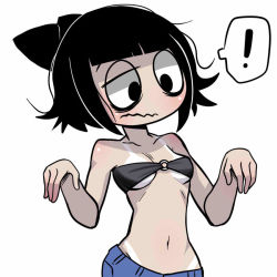 Rule 34 | !, 1girl, black eyes, black hair, blue pants, bob cut, closed mouth, creepy susie, pants, short hair, simple background, solo, the oblongs, white background