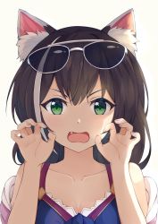 Rule 34 | 1girl, absurdres, animal ear fluff, animal ears, black hair, blush, breasts, cat ears, cat girl, cleavage, collarbone, eyewear on head, fang, gao, green eyes, highres, karyl (princess connect!), karyl (summer) (princess connect!), multicolored hair, nanguadeng, off shoulder, open mouth, princess connect!, solo, streaked hair, sunglasses, swimsuit, white background