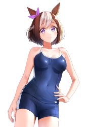 Rule 34 | 1girl, aged down, animal ears, blue one-piece swimsuit, bow, brown hair, commentary request, covered navel, ear bow, hand on own hip, highres, horse ears, horse girl, horse tail, looking at viewer, multicolored hair, naarann, one-piece swimsuit, purple bow, purple eyes, short hair, simple background, solo, special week (umamusume), swimsuit, tail, two-tone hair, umamusume, white background, white hair