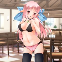 Rule 34 | 1girl, black bra, black panties, black thighhighs, blurry, blurry background, blush, bow, bow panties, bra, braid, breasts, cafe, cameltoe, checkered floor, cleft of venus, collar, covered erect nipples, crown braid, elf, eyes visible through hair, french braid, game cg, hair bow, highres, indoors, kanna hisashi, large bow, large breasts, long hair, navel, original, panties, pink hair, pink panties, pointy ears, red eyes, solo, thighhighs, two-tone panties, underwear, underwear only