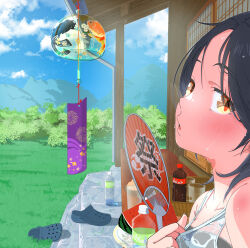 Rule 34 | 1girl, absurdres, bare shoulders, black hair, blue sky, blurry, blush, bottle, bush, check commentary, close-up, cloud, cloudy sky, commentary, commentary request, crocs, cup, day, depth of field, drinking glass, fish, food, fruit, goldfish, grass, hand fan, highres, holding, holding fan, hot, koi, looking at viewer, looking to the side, mountain, mountainous horizon, original, outdoors, parted bangs, parted lips, porch, renfa666, see-through, shade, shirt tug, sky, sleeveless, sliding doors, soda, soda bottle, summer, summer uniform, sweat, sweaty clothes, unworn footwear, upper body, very sweaty, water bottle, watermelon, watermelon slice, wet, wet hair, wind chime, yellow eyes