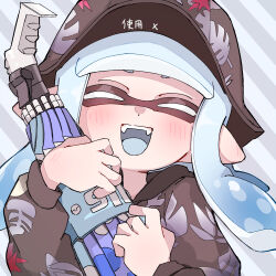 Rule 34 | 1girl, :d, ^ ^, absurdres, black hat, black hoodie, blue hair, blue tongue, bucket hat, closed eyes, closed umbrella, colored tongue, commentary, facing viewer, fangs, hat, highres, holding, holding weapon, hood, hood down, hoodie, inkling, inkling girl, inkling player character, leaf print, long hair, nintendo, open mouth, pointy ears, print hoodie, sif ly, smile, solo, splat brella (splatoon), splatoon (series), straight-on, striped background, symbol-only commentary, tentacle hair, umbrella, upper body, weapon
