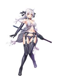 Rule 34 | absurdres, action taimanin, amamiya shisui, bra, choker, elbow gloves, floating hair, full body, gloves, highres, lilith-soft, lingerie, long hair, navel, official art, sano toshihide, simple background, slats, sword, taimanin (series), taimanin rpgx, underwear, weapon, white hair