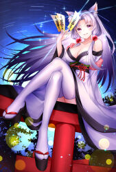 Rule 34 | 1girl, absurdres, animal ear fluff, animal ears, bare shoulders, beads, between fingers, breasts, cleavage, fox ears, full body, grey hair, hair beads, hair ornament, hand up, highres, holding, holding paper, japanese clothes, kimono, large breasts, long hair, paper, parted bangs, parted lips, purple eyes, purple hair, shiraiwa usagi, sidelocks, sitting, smile, solo, sparkle, tabi, talisman, thighhighs, torii, touhoku itako, very long hair, voiceroid, white kimono