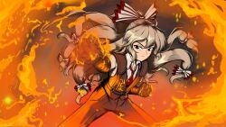 Rule 34 | 1girl, alternate costume, bow, closed mouth, collared shirt, commentary, english commentary, fire, fujiwara no mokou, giantcavemushroom, grey hair, hair bow, highres, library of ruina, long hair, long sleeves, looking at viewer, low-tied long hair, necktie, pants, project moon, red eyes, red necktie, red pants, shirt, solo, suspenders, touhou, white bow, white shirt