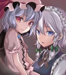 Rule 34 | 2girls, asa (coco), bat wings, blue eyes, blue hair, bow, braid, dress, hair bow, hat, hat ribbon, izayoi sakuya, looking at viewer, maid headdress, mob cap, multiple girls, open mouth, puffy sleeves, red eyes, remilia scarlet, ribbon, short hair, short sleeves, silver hair, smile, touhou, twin braids, upper body, vest, wings