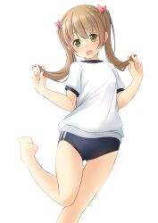 Rule 34 | 1girl, :d, barefoot, blue buruma, blush, brown hair, buruma, commentary request, feet out of frame, green eyes, gym shirt, gym uniform, hair between eyes, hair ribbon, head tilt, highres, looking at viewer, open mouth, original, pink ribbon, puffy short sleeves, puffy sleeves, ribbon, shibacha, shirt, short sleeves, signature, simple background, smile, solo, standing, standing on one leg, twintails, white background, white shirt