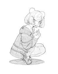 Rule 34 | 1girl, arknights, bear, greyscale, gummy (arknights), haioku colonel, highres, hood, hooded jacket, jacket, monochrome, pantyhose, saliva, shoes, sketch, solo, white background