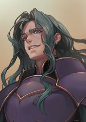 Rule 34 | 1boy, armor, blue eyes, brown background, evil grin, evil smile, fire emblem, fire emblem: the sacred stones, forehead, from below, full armor, gradient background, grey hair, grin, highres, long hair, looking at viewer, looking down, male focus, nintendo, nishiki areku, nose, parted lips, pauldrons, shoulder armor, sidelocks, signature, smile, teeth, upper body, valter (fire emblem), wavy hair