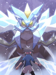Rule 34 | 1boy, blue jacket, blurry, bodysuit, bodysuit under clothes, bracelet, brown hair, clenched hands, commentary request, creatures (company), game freak, gen 5 pokemon, grey shorts, highres, ice, inana umi, jacket, jewelry, kyurem, legendary pokemon, male focus, nate (pokemon), nintendo, pokemon, pokemon (creature), pokemon bw2, short hair, short sleeves, shorts, spiked hair, xtransceiver