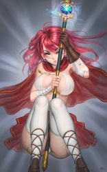 Rule 34 | 1girl, absurdres, ass, bandaged arm, bandages, between breasts, between legs, bra, breasts, brown footwear, brown gloves, cape, closed mouth, cross-laced footwear, darkmuleth, elbow gloves, closed eyes, eyes visible through hair, fantasy, gloves, highres, jewelry, large breasts, lips, long hair, magic, necklace, original, panties, red cape, red hair, red skirt, revealing clothes, single glove, skirt, solo, staff, thighhighs, underwear, white bra, white gloves, white panties, white thighhighs, wince, wind