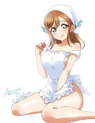 1girl :q apron artist_name azuresakura breasts brown_hair collarbone highres kunikida_hanamaru large_breasts long_hair looking_at_viewer love_live! love_live!_sunshine!! naked_apron simple_background sitting smile solo tongue tongue_out wariza white_apron white_background yellow_eyes