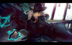 Rule 34 | 1boy, adjusting clothes, adjusting headwear, bad id, bad pixiv id, black hat, black shirt, cape, capelet, character name, edmond dantes (fate), fate/grand order, fate (series), fedora, gloves, hair over one eye, hat, kyo zip, letterboxed, looking at viewer, male focus, shirt, solo, white gloves, white hair, yellow eyes