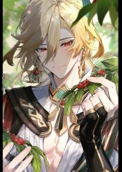 Rule 34 | 1boy, berry, blonde hair, closed eyes, closed mouth, day, earrings, feather hair ornament, feathers, genshin impact, hair between eyes, hair ornament, highres, holding, jewelry, kaveh (genshin impact), leaf, male focus, outdoors, pectoral cleavage, pectorals, pillarboxed, red eyes, solo, sonomi, twitter username, upper body